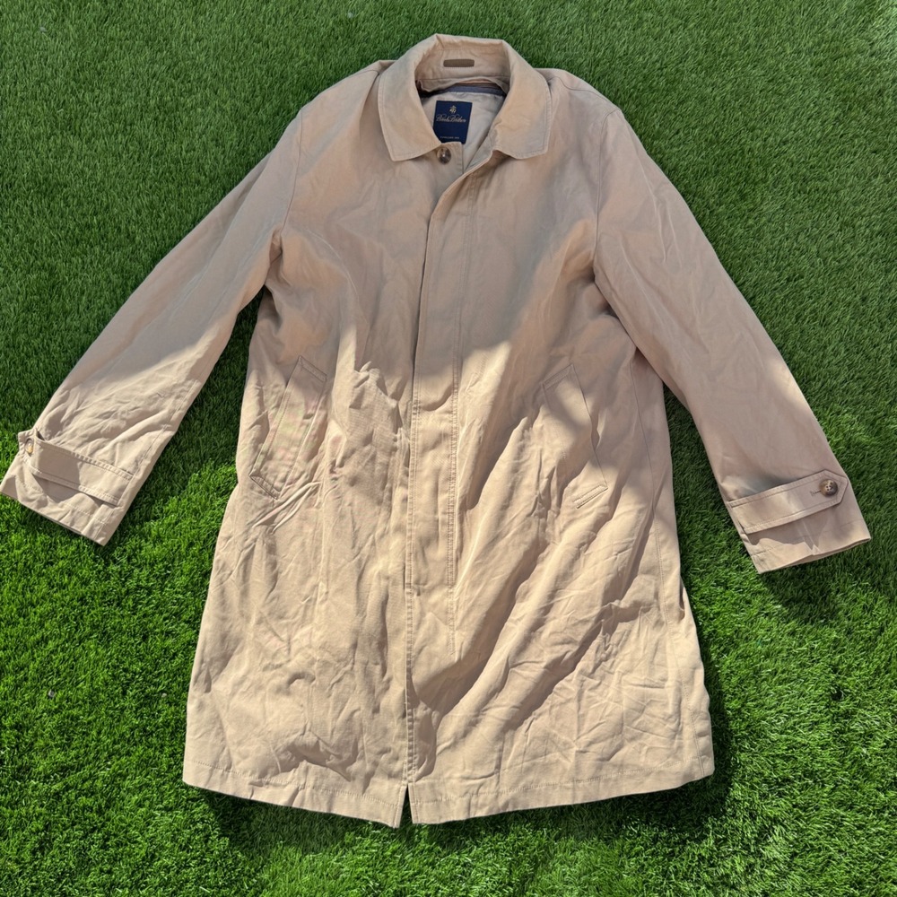 Brooks Brothers Mens 44R Trench Coat Khaki Raincoat Removable Plaid Liner Cotton